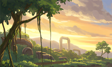 Three people looking at a futuristic polar research station in the distance